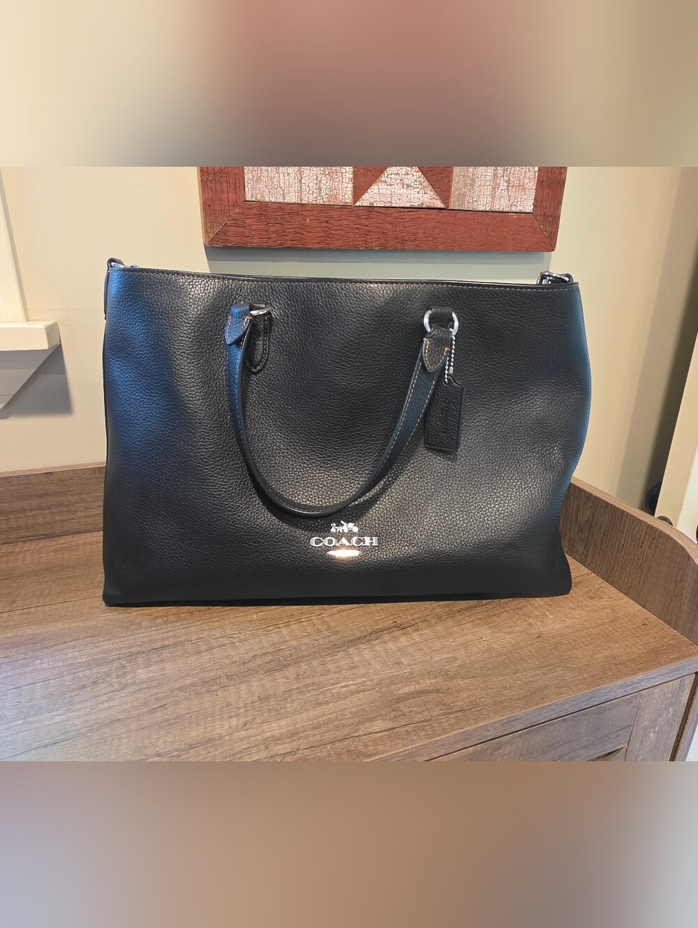 Coach Black Leather Tote Bag with Logo